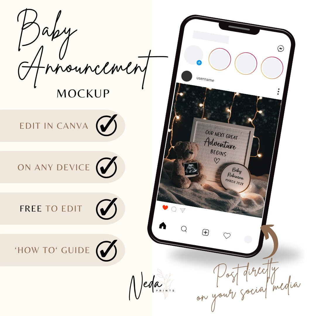 EDITABLE Baby Neutral Pregnancy Announcement Digital, Baby announcement, Instagram announcement, Social Media announcement, Download, 0310