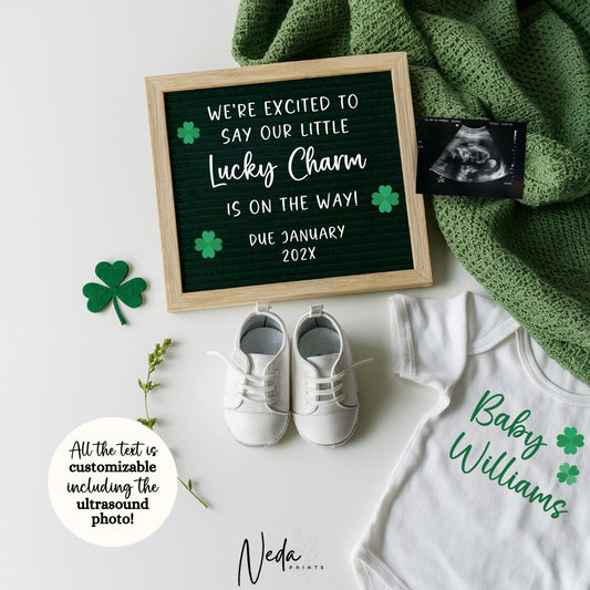 EDITABLE Extra Lucky Charm Baby Neutral Pregnancy Announcement Digital,  St Patrick Digital Baby announcement Social Media announcement 0320