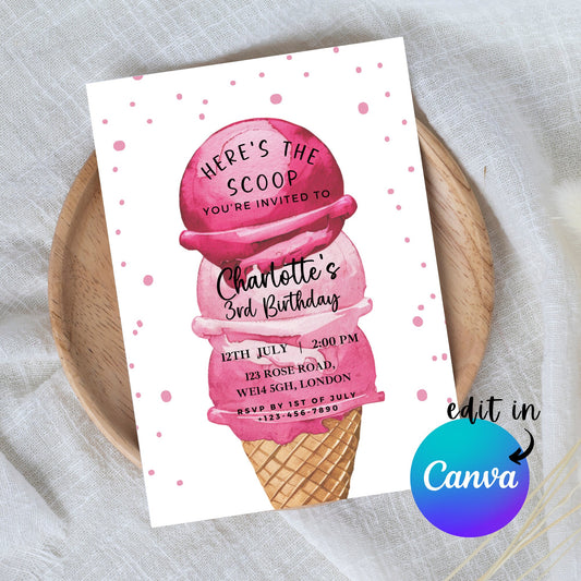 EDITABLE Summer Ice Cream Birthday Invitation, Ice cream themed party, Here's the scoop, 1st Girl Birthday Invite, Printable Template I0059
