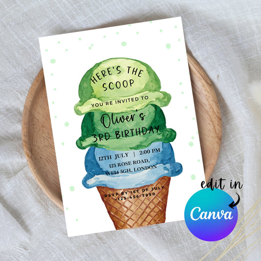 EDITABLE Summer Ice Cream Birthday Invitation, Ice cream themed party, Here's the scoop, 1st Boy Birthday Invite, Printable Template I0061
