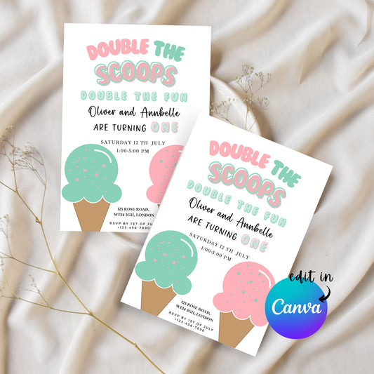 EDITABLE Twin Summer Ice Cream Birthday Invitation, Ice cream party, Here's the scoop, 1st twin Birthday Invite, Printable Template I0062