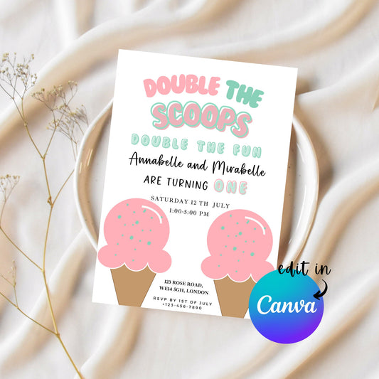EDITABLE Twin Girl Summer Ice Cream Birthday Invitation, Ice cream party, Here's the scoop 1st twin Birthday Invite Printable Template I0062