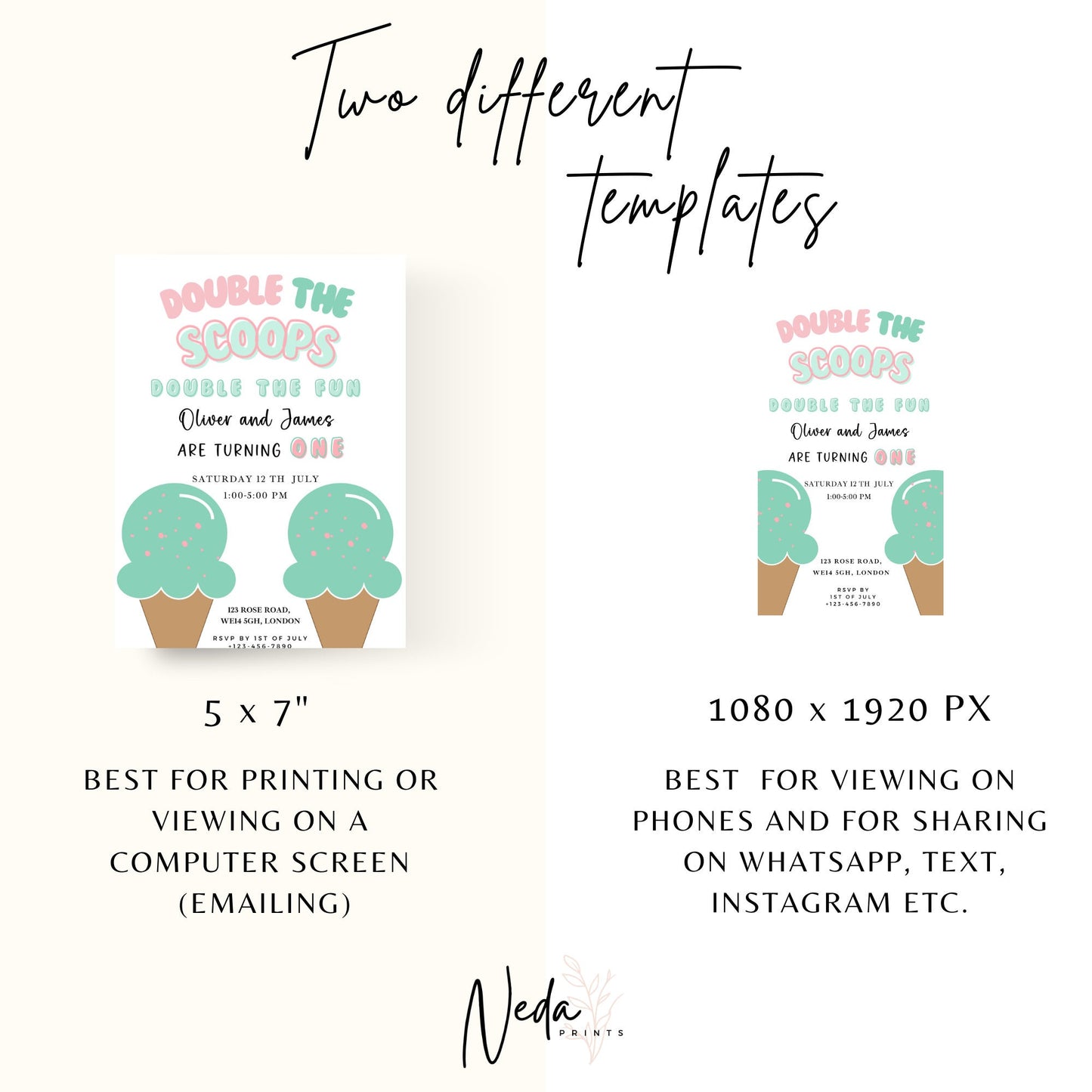 EDITABLE Twin Girl Summer Ice Cream Birthday Invitation, Ice cream party, Here's the scoop 1st twin Birthday Invite Printable Template I0064