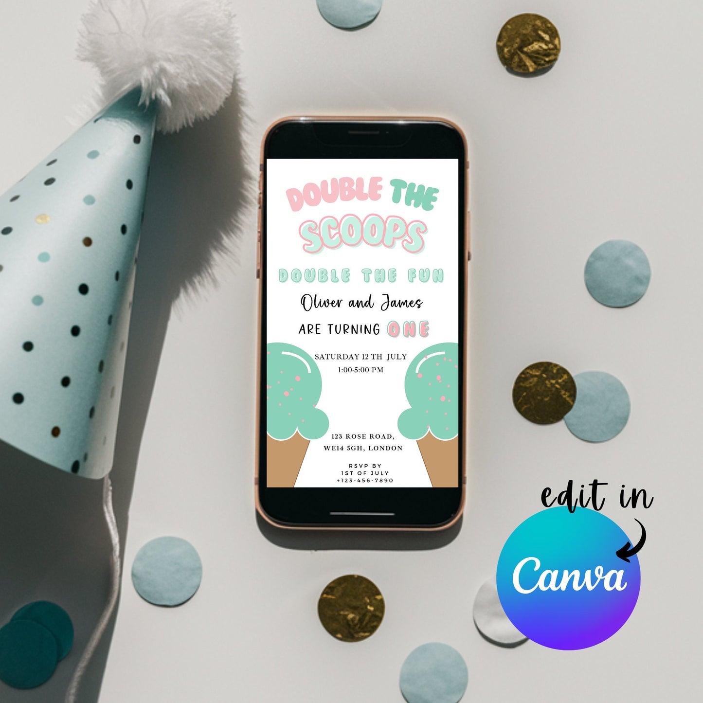 EDITABLE Twin Girl Summer Ice Cream Birthday Invitation, Ice cream party, Here's the scoop 1st twin Birthday Invite Printable Template I0064