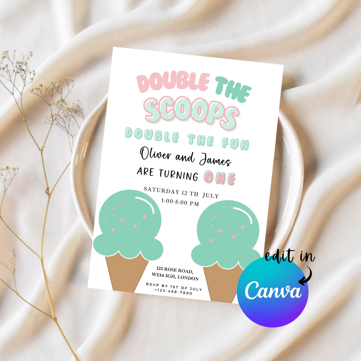EDITABLE Twin Girl Summer Ice Cream Birthday Invitation, Ice cream party, Here's the scoop 1st twin Birthday Invite Printable Template I0064