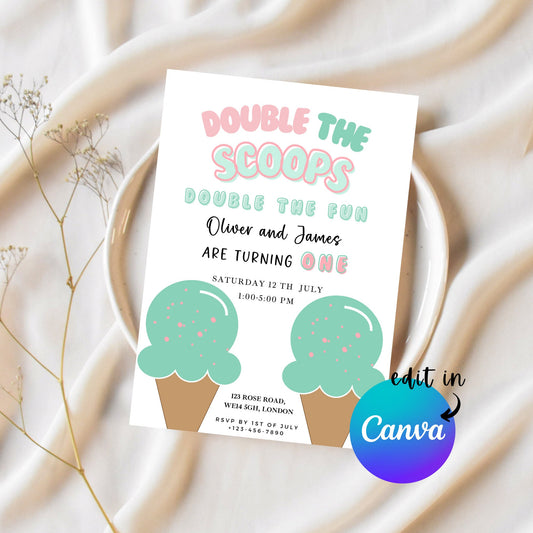EDITABLE Twin Girl Summer Ice Cream Birthday Invitation, Ice cream party, Here's the scoop 1st twin Birthday Invite Printable Template I0064