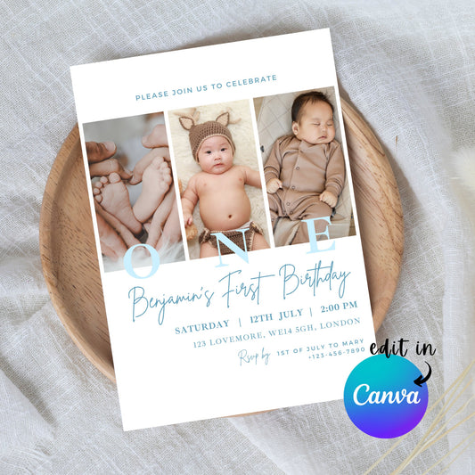 EDITABLE First Second Birthday Photo Invitation, 1st Boy Birthday Invite, Minimal Boy Birthday Party invite, Instant Download Template I0105