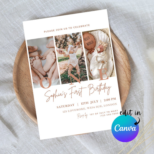 EDITABLE First Second Birthday Photo Invitation, 1st 2nd Girl Birthday Invite, Minimal Girl Birthday invite, Instant Download Template I0103