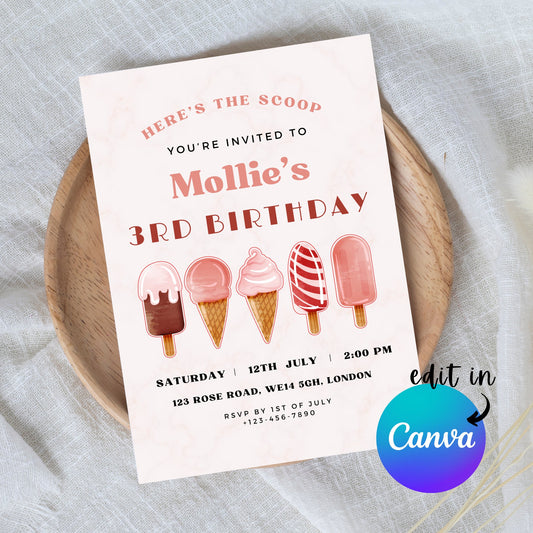 EDITABLE Vintage Retro Summer Ice Cream Birthday Invitation, Ice cream themed party Here's the scoop 1st Girl Birthday Invite Template I0065