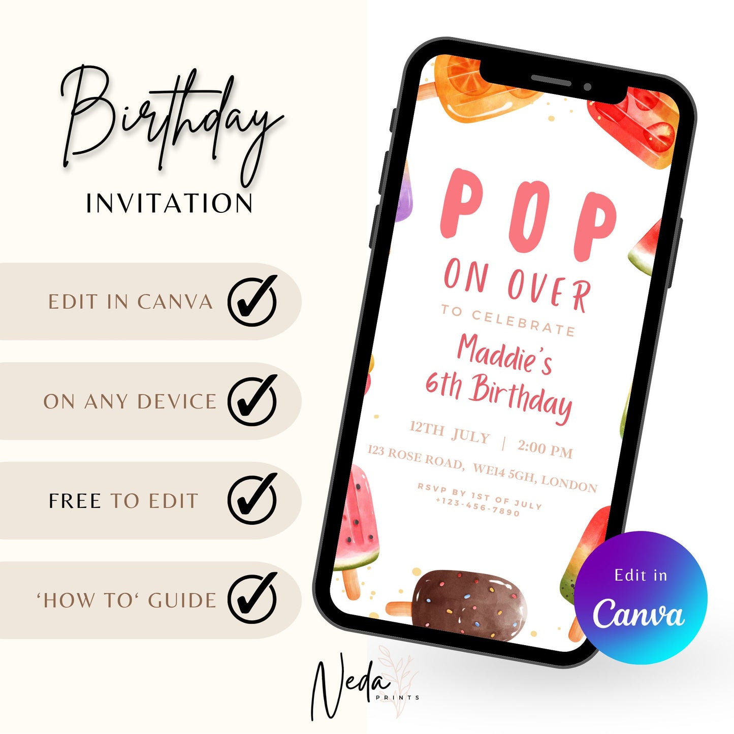 EDITABLE Popsicle Summer Ice Cream Birthday Invitation, Pop Ice cream themed party, Here's the scoop, Girl Birthday Invite, Template I0069