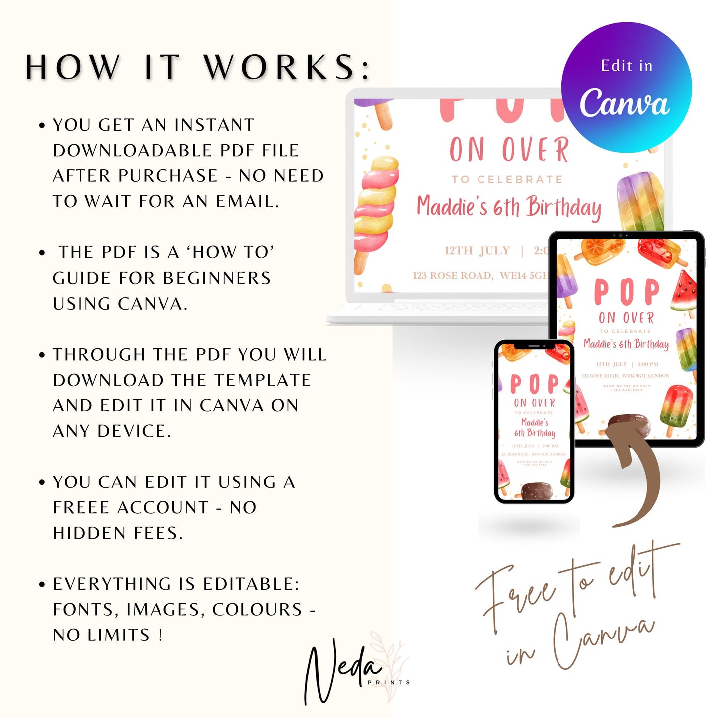 EDITABLE Popsicle Summer Ice Cream Birthday Invitation, Pop Ice cream themed party, Here's the scoop, Girl Birthday Invite, Template I0069