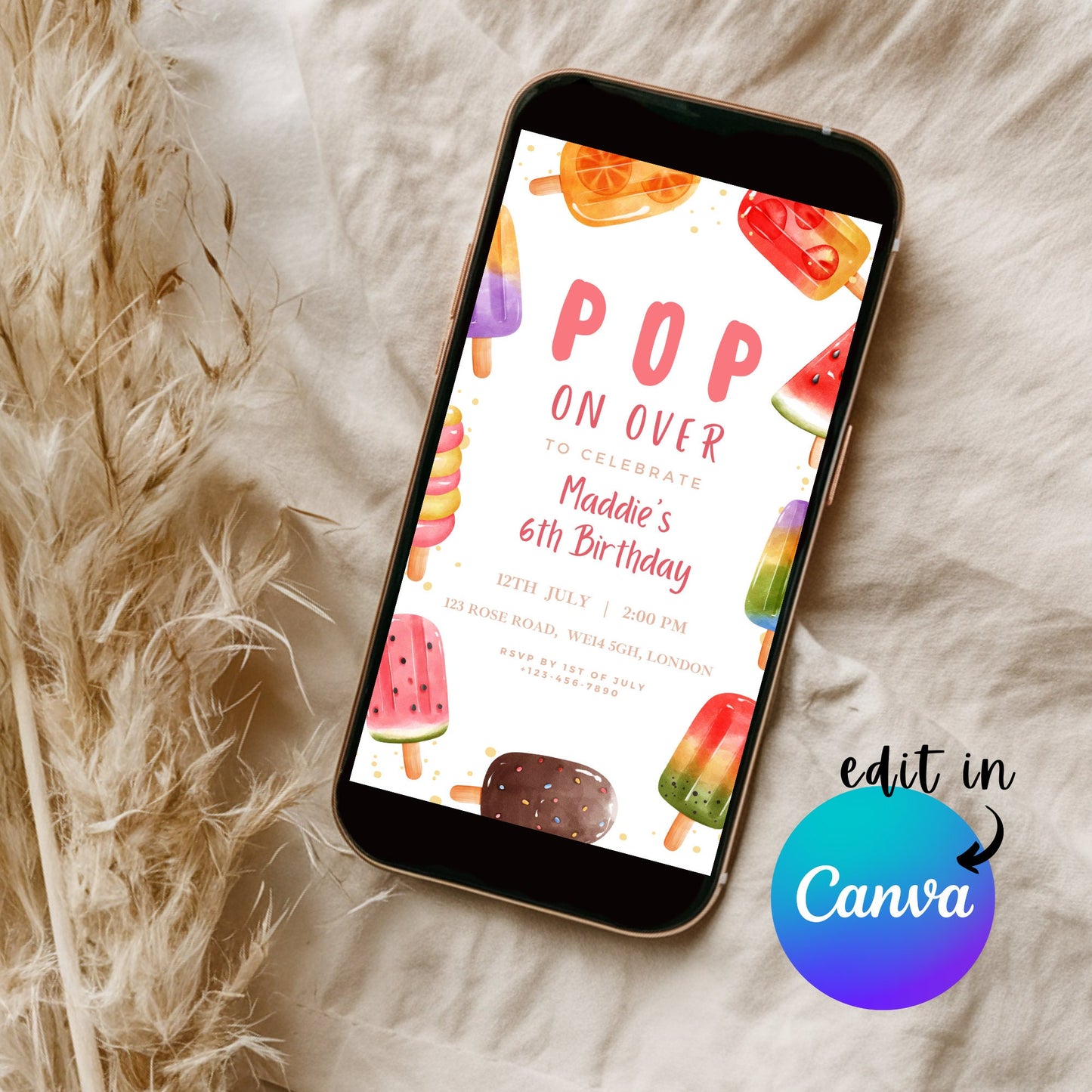 EDITABLE Popsicle Summer Ice Cream Birthday Invitation, Pop Ice cream themed party, Here's the scoop, Girl Birthday Invite, Template I0069