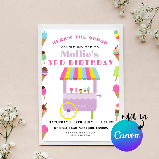 EDITABLE Summer Ice Cream Birthday Invitation, Ice cream van themed party, Here's the scoop, Girl Birthday Invite, Printable Template I0070