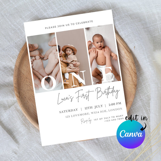 EDITABLE First Second Birthday Photo Invitation, 1st Birthday Invite, Minimal Unisex Birthday Party invite, Instant Download Template I0105