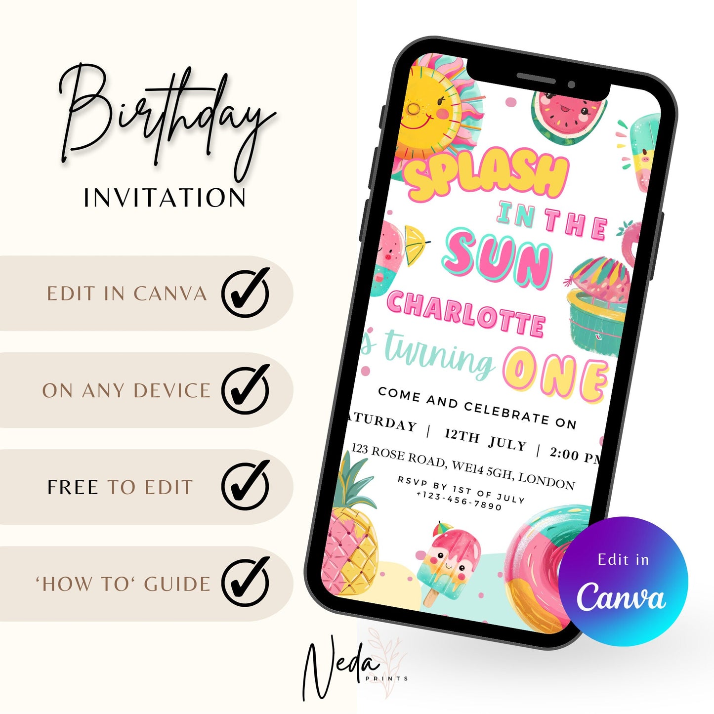 EDITABLE First Summer Beach Birthday Invitation 1st Birthday Invite Pool Party Birthday Splish splash swimming Birthday Party Download I0077