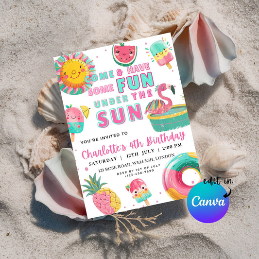 EDITABLE Summer Beach Pool Birthday Invitation Girl Birthday Invite Pool Party Birthday Splish splash swimming Birthday Party Download I0074