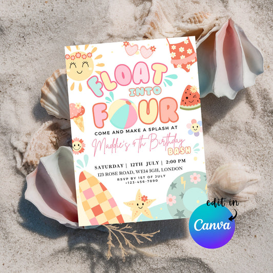 EDITABLE Float into Four Summer Birthday Invitation, 4th Birthday Invite, Fourth Pool Party Birthday, Swimming Birthday Party Download I0084