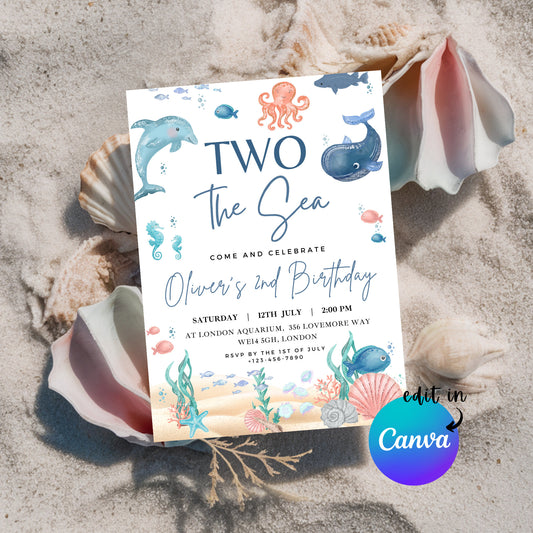 EDITABLE  Two the Sea Birthday Invitation, 2nd Birthday Invite, Ocean Animals, Beach Aquarium Boy birthday, Printable Instant Download I0086