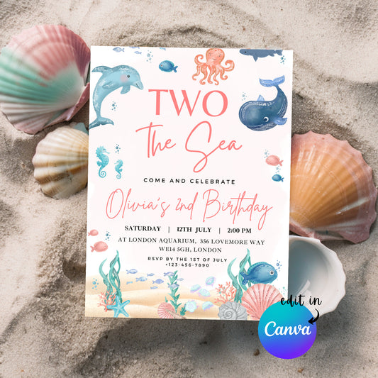 EDITABLE  Two the Sea Birthday Invitation, 2nd Birthday Invite, Ocean Animals, Beach Aquarium Girl birthday Printable Instant Download I0086