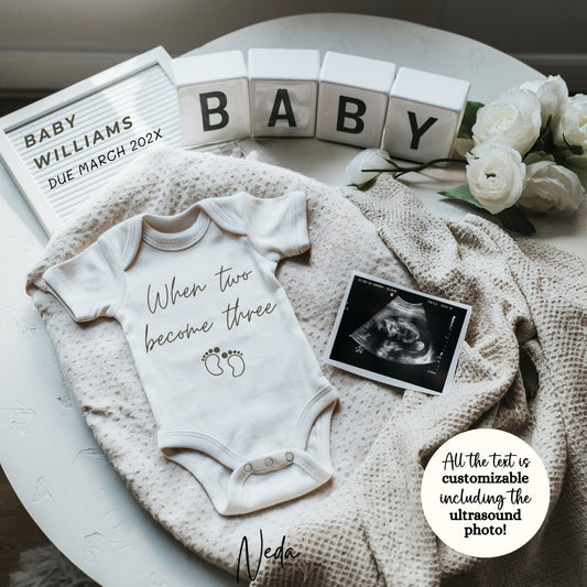 EDITABLE Neutral When Two Become Three Pregnancy Announcement, Digital Baby Pregnancy Announcement Social Media Insta Download Template 0422
