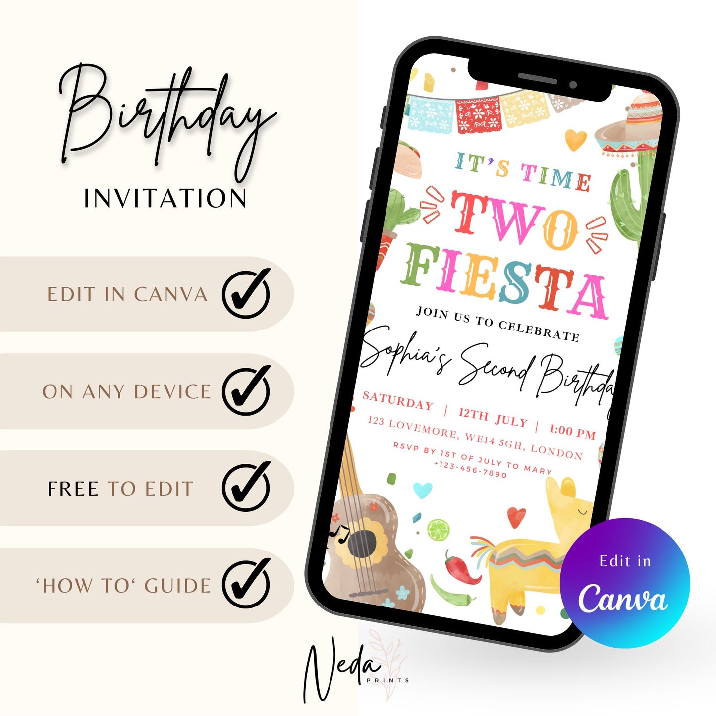 EDITABLE It's Time Two Fiesta Birthday Invitation, 2nd Birthday Invite, Second Mexican birthday party Boy Girl Mexican Cactus Template I0114