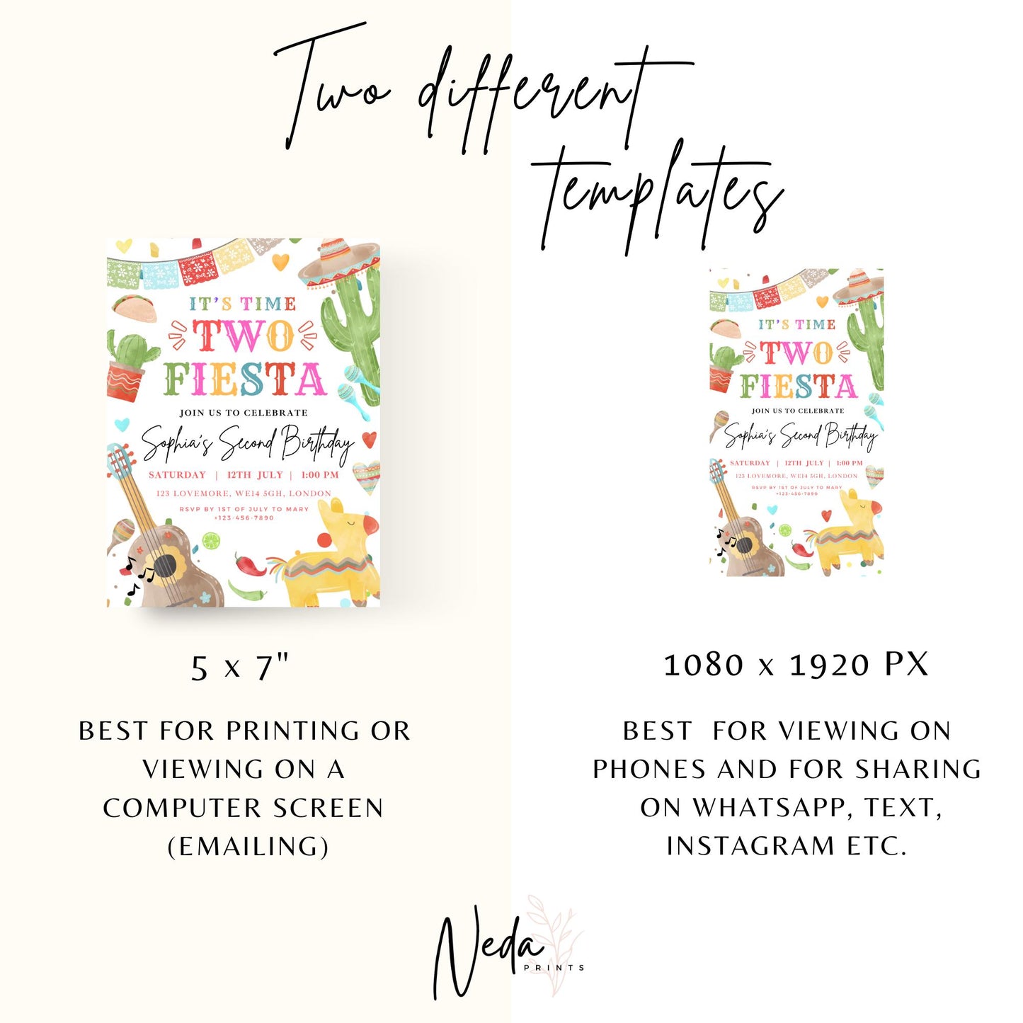 EDITABLE It's Time Two Fiesta Birthday Invitation, 2nd Birthday Invite, Second Mexican birthday party Boy Girl Mexican Cactus Template I0114