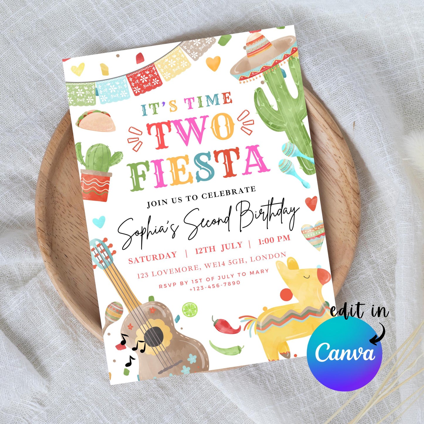 EDITABLE It's Time Two Fiesta Birthday Invitation, 2nd Birthday Invite, Second Mexican birthday party Boy Girl Mexican Cactus Template I0114