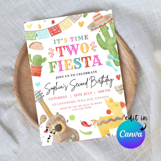 EDITABLE It's Time Two Fiesta Birthday Invitation, 2nd Birthday Invite, Second Mexican birthday party Boy Girl Mexican Cactus Template I0114