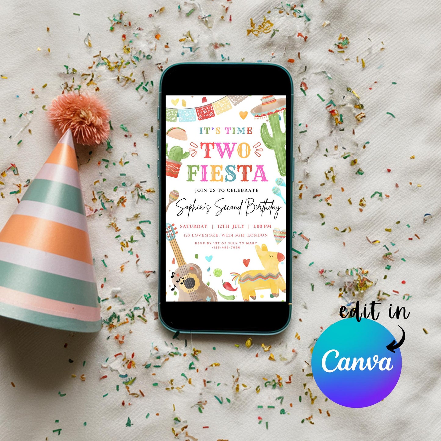 EDITABLE It's Time Two Fiesta Birthday Invitation, 2nd Birthday Invite, Second Mexican birthday party Boy Girl Mexican Cactus Template I0114