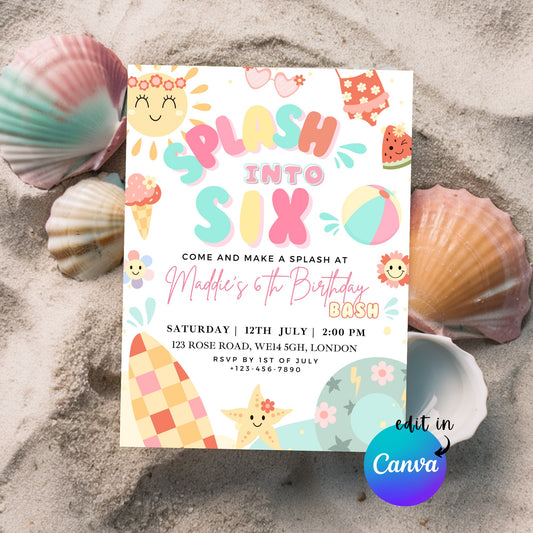 EDITABLE Splash Into Six Summer Birthday Invitation, 6th Birthday Invite, Sixth Pool Party Birthday, Swimming Beach Party, Download I0090