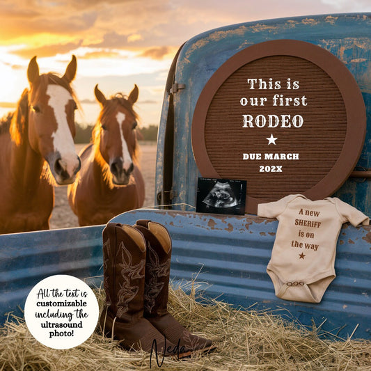 EDITABLE Cowboy Rodeo Baby Pregnancy Announcement, Western Horse Baby announcement, Cowboy Pregnancy, Our First Rodeo, Social Media, 0442