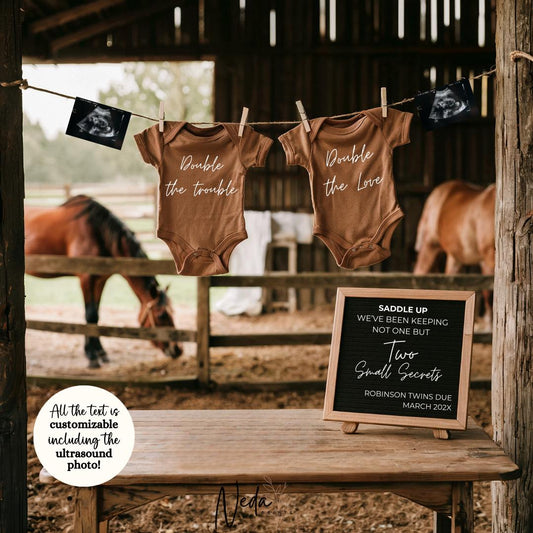 EDITABLE Twin Horse Cowboy Baby Pregnancy Announcement Unexpected Twin Horse Pregnancy announcement Horse Riding Pregnancy Social Media 0474
