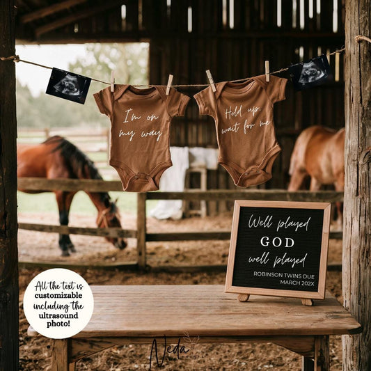EDITABLE Twin Horse Cowboy Baby Pregnancy Announcement, Christian Twin Horse Pregnancy announcement Horse Riding Pregnancy Social Media 0475