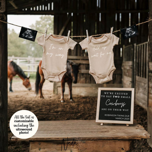 EDITABLE Twin Boy Cowboy Baby Pregnancy Announcement, Unexpected Twin Horse Pregnancy announcement, Boy Horse Riding Pregnancy Download 0476