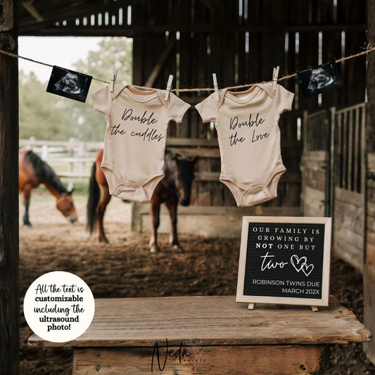 EDITABLE Twin Cowboy Baby Pregnancy Announcement, Double trouble, Unexpected Twin Horse Pregnancy announcement, Horse Riding Pregnancy 0477