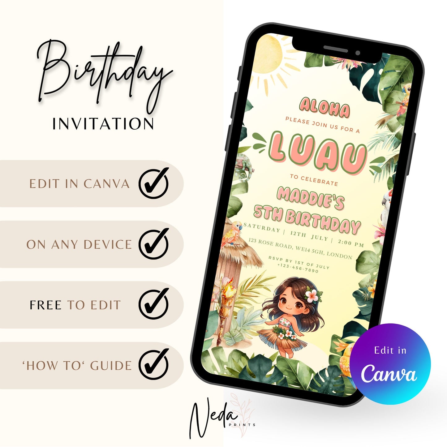 EDITABLE Aloha Tropical Hawaiian Birthday invite, Pool Party Hawaii Invite, Luau Birthday Party, Luau invitation, Beach Party Download I0096