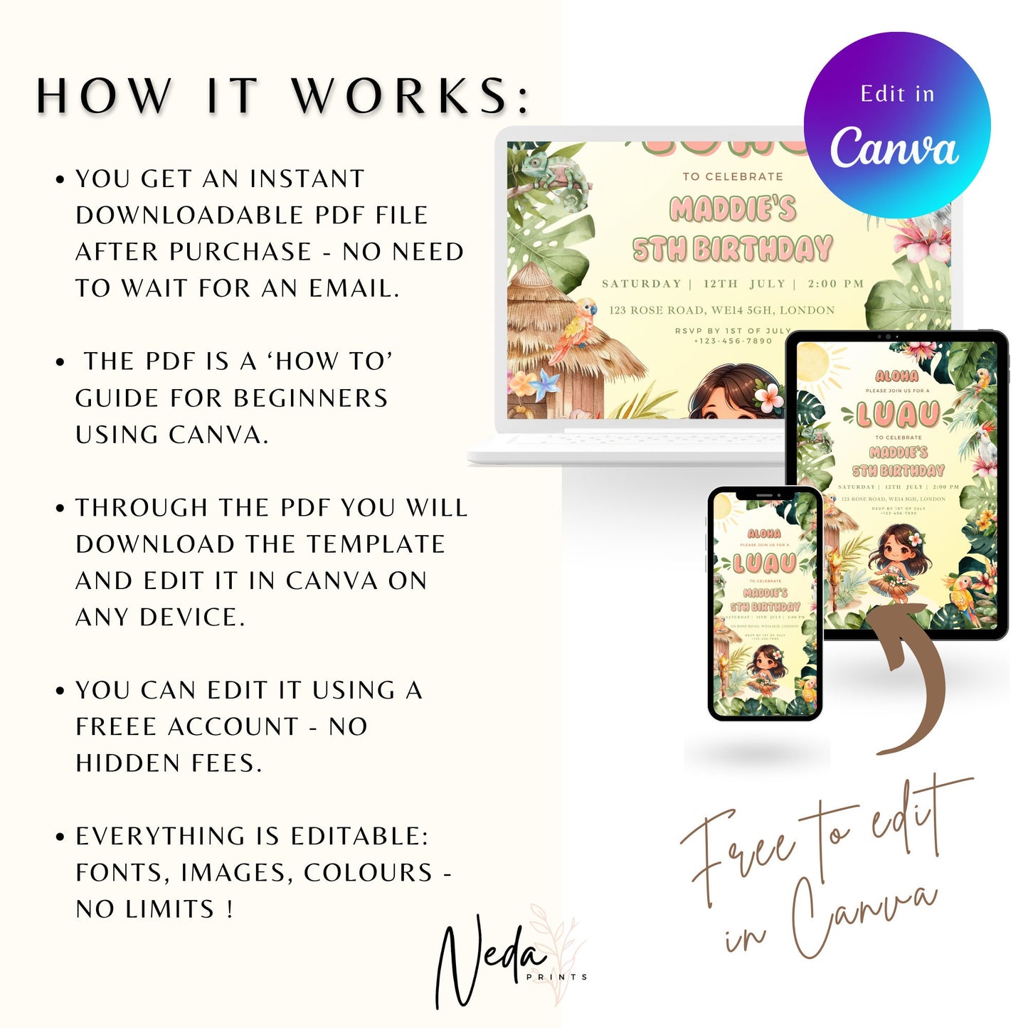 EDITABLE Aloha Tropical Hawaiian Birthday invite, Pool Party Hawaii Invite, Luau Birthday Party, Luau invitation, Beach Party Download I0096