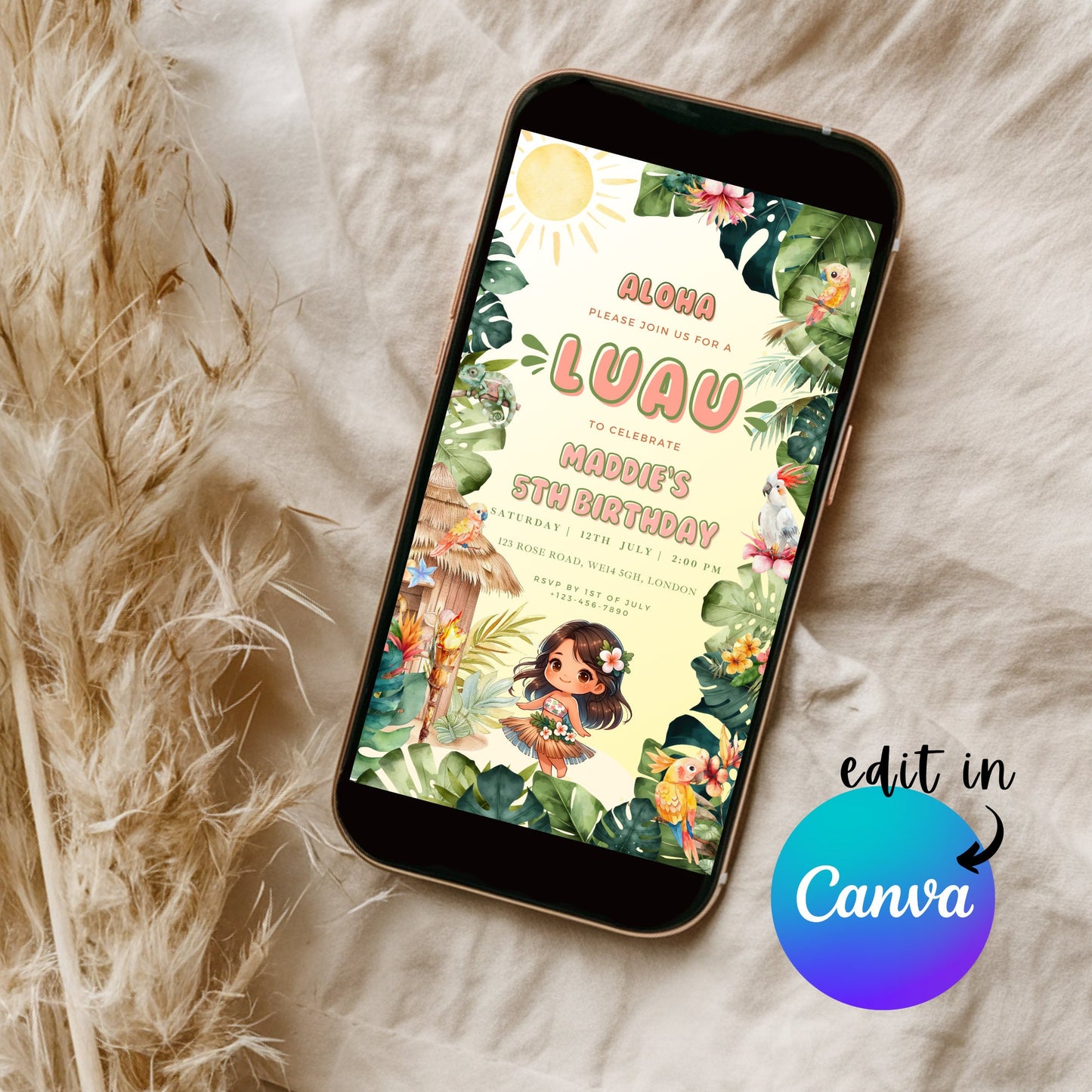 EDITABLE Aloha Tropical Hawaiian Birthday invite, Pool Party Hawaii Invite, Luau Birthday Party, Luau invitation, Beach Party Download I0096