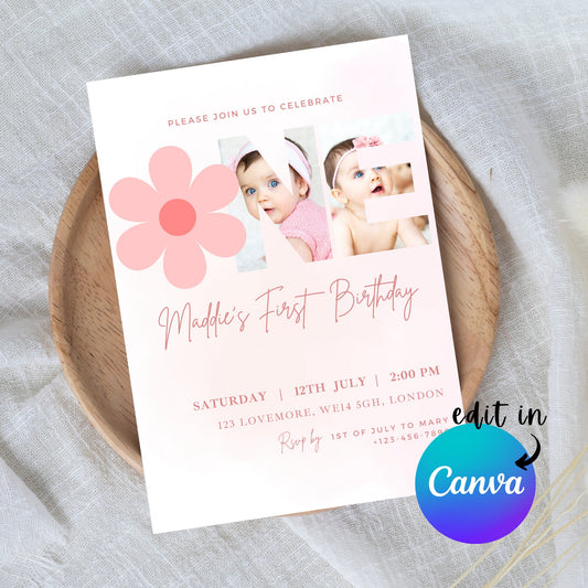 EDITABLE First Second Birthday Photo Invitation, 1st 2nd Girl Birthday Invite, Minimal Girl Birthday invite, Instant Download Template I0101