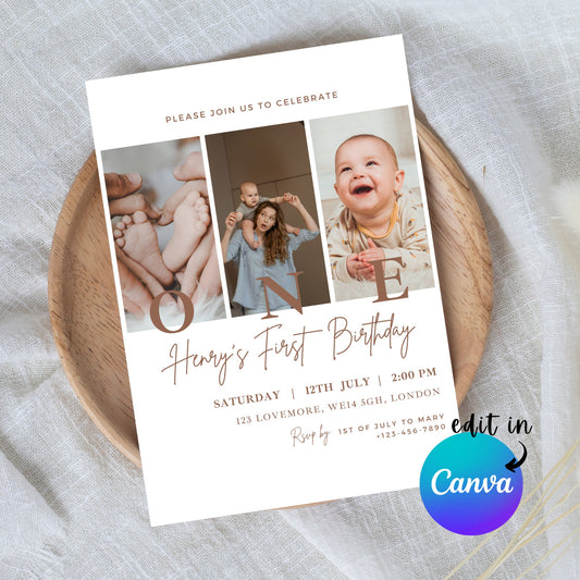 EDITABLE First Second Birthday Photo Invitation, 1st Boy Birthday Invite, Minimal Boy Birthday Party invite, Instant Download Template I0102