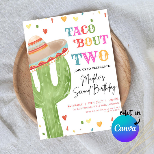 EDITABLE Taco 'Bout Two Fiesta Birthday Invitation, 2nd Birthday Invite Second Mexican birthday party Boy Girl Mexican Cactus Template I0121