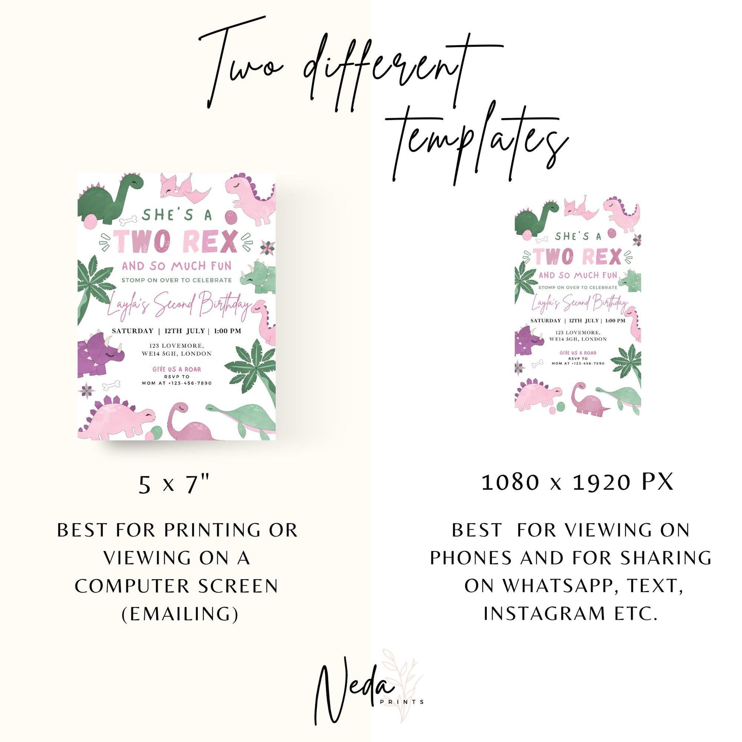 EDITABLE Girl TWO REX Dinosaur Birthday Invitation, 2nd dinosaur birthday party, Pastel Dinosaur Party Invite, Cute Pink Dino Download I0127