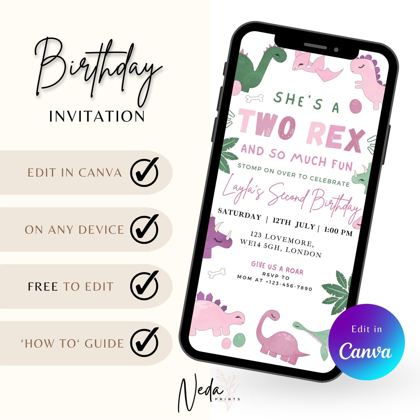 EDITABLE Girl TWO REX Dinosaur Birthday Invitation, 2nd dinosaur birthday party, Pastel Dinosaur Party Invite, Cute Pink Dino Download I0127