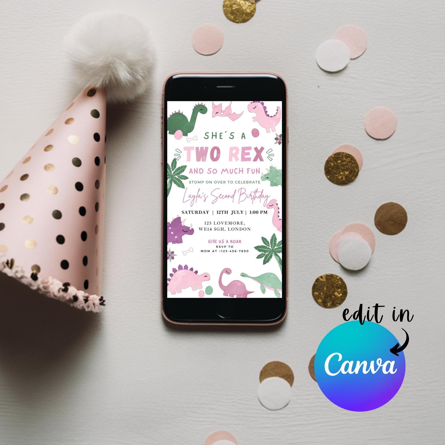 EDITABLE Girl TWO REX Dinosaur Birthday Invitation, 2nd dinosaur birthday party, Pastel Dinosaur Party Invite, Cute Pink Dino Download I0127