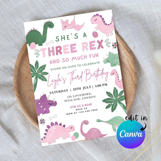 EDITABLE Girl THREE REX Dinosaur Birthday Invitation, 3rd dinosaur birthday party Pastel Dinosaur Party Invite Cute Pink Dino Download I0128
