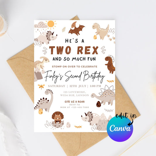 EDITABLE Boy TWO REX Dinosaur Birthday Invitation, 2nd dinosaur birthday party, Dinosaur Party Invite, Cute Dino party invite Download I0135