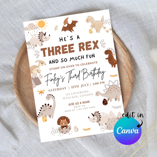 EDITABLE Boy THREE REX Dinosaur Birthday Invitation, 3rd dinosaur birthday party, T-rex Dinosaur Party Invite, Three rex Dino Download I0136