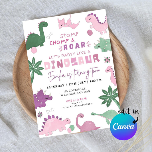 EDITABLE Girl Any Age Dinosaur Birthday Invitation, 1st 2nd 3rd 4th 5th 6th dinosaur birthday party Pastel Dinosaur Invite Download I0140