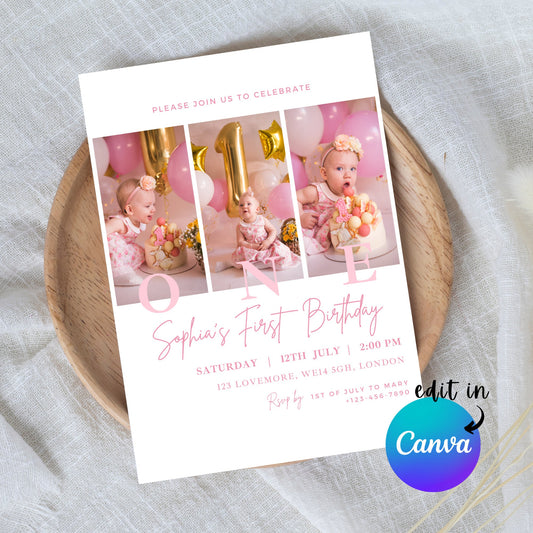 EDITABLE First Second Birthday Photo Invitation, 1st 2nd Girl Birthday Invite, Minimal Girl Birthday invite, Instant Download Template I0104
