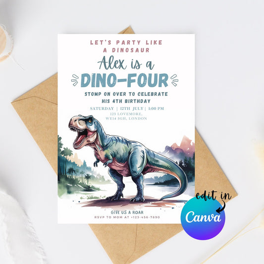 EDITABLE Boy DINO-FOUR Dinosaur Birthday Invitation, 4th dinosaur birthday party Dinosaur Party Invite Fourth dinosaur invite Download I0147
